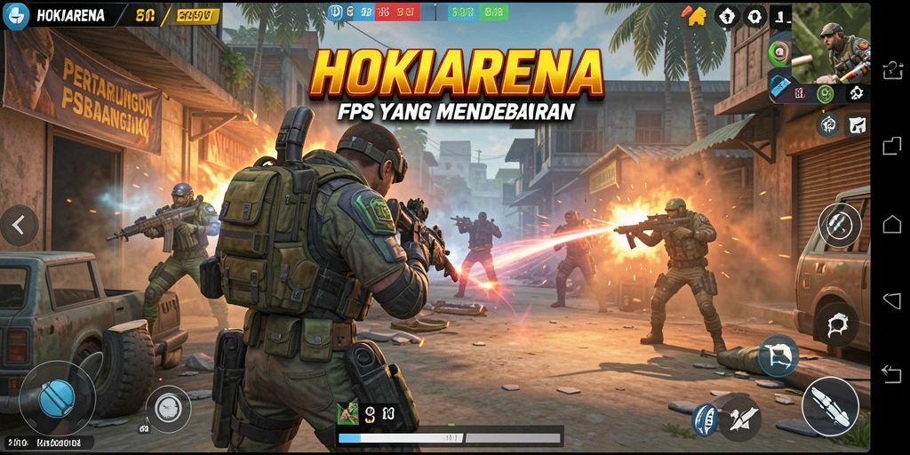 Tampilan gameplay HOKIARENA yang penuh aksi dalam pertempuran FPS.