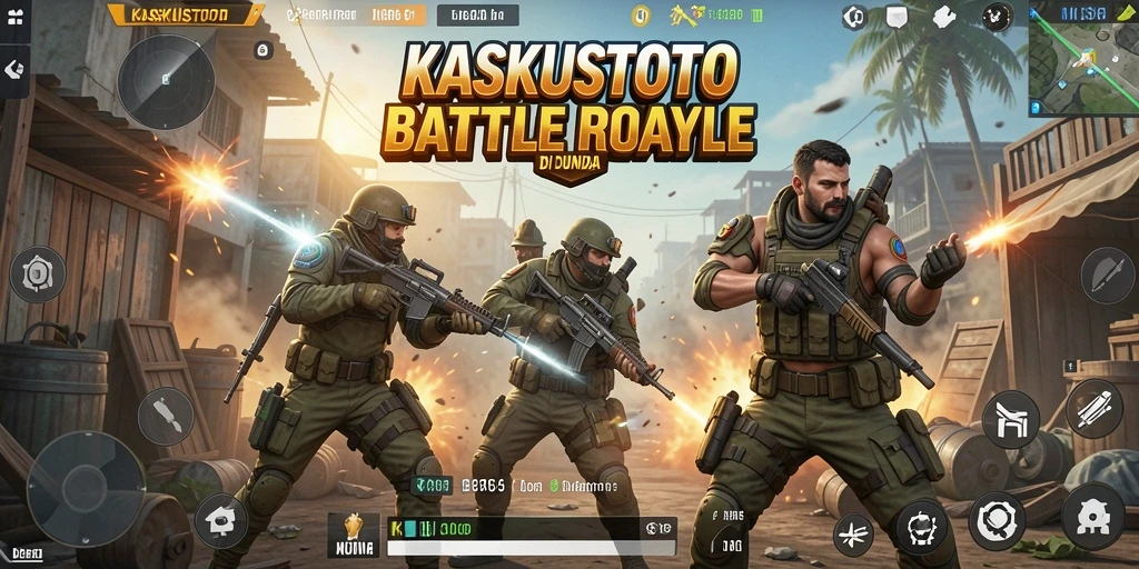 Screenshot utama KASKUSTOTO menampilkan pertempuran intens di medan Battle Royale.