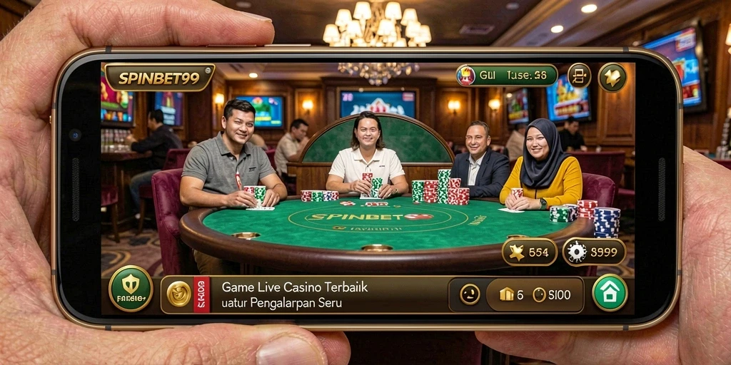 Tangkapan layar SPINBET99 menampilkan dealer langsung dan gameplay yang mendebarkan.